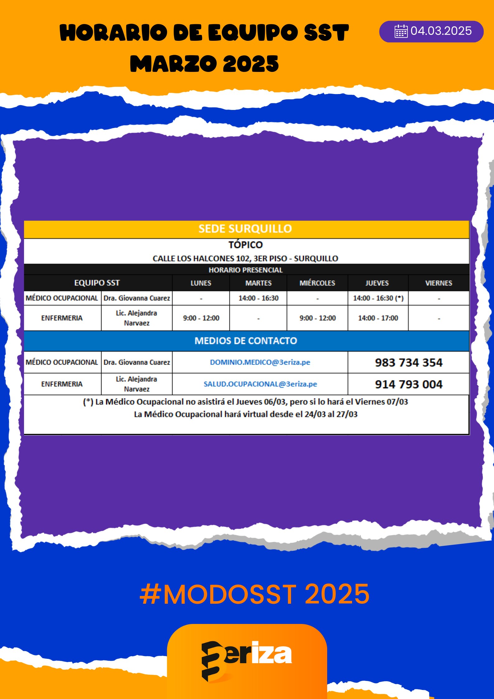 INFORMATIVO SST: 🚨Horario SST - MARZO 2025🚨